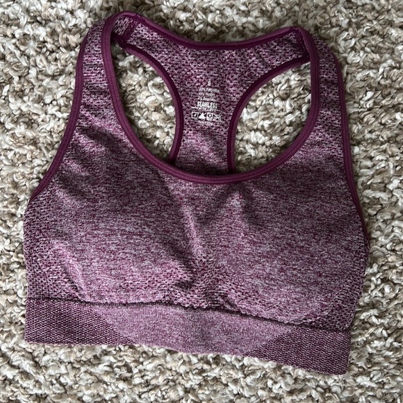 3 Piece Marbled Purple Gym Set - Leggings, Sports Bra, Long Sleeve Crop Top Sz S - Picture 4 of 5